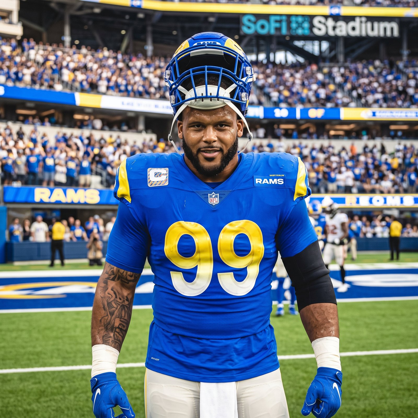 Aaron Donald #99 Los Angeles Rams defensive tackle in game action