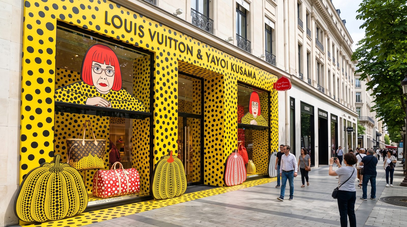 Yayoi Kusama Louis Vuitton collaboration polka dot storefront display